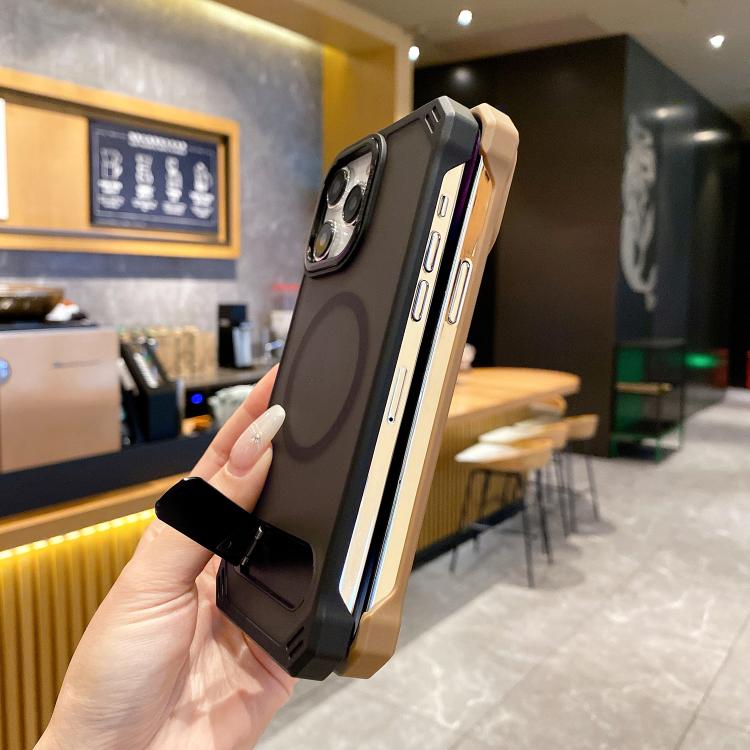 For iPhone 15 Skin Feel Frameless MagSafe PC Phone Case with Fold Holder(Black) - iPhone 15 Cases by PMc TechLife | Online Shopping South Africa | PMc TechLife | Buy Now Pay Later Mobicred