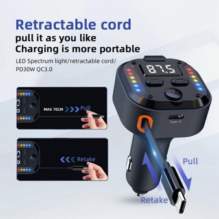 C69 PD 30W Fast Charger FM Transmitter Bluetooth Car Charger with Type-C Extendable Cable - Bluetooth Car Kits by PMc TechLife | Online Shopping South Africa | PMc TechLife | Buy Now Pay Later Mobicred