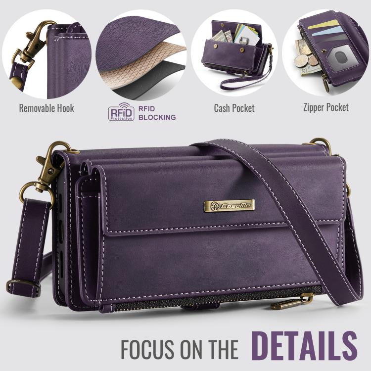 For iPhone 16e CaseMe C39 RFID Blocking Zipper Wallet Leather Phone Case with Crossbody Strap(Purple) - free shipping - PMc TechLife - Order now!