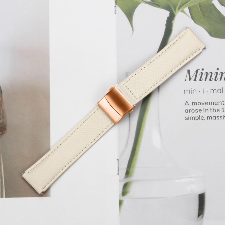 20mm Lychee Texture Rose Gold Turtle Back Buckle Leather Watch Band(Creamy White) - free shipping - PMC TechLife - Order now!