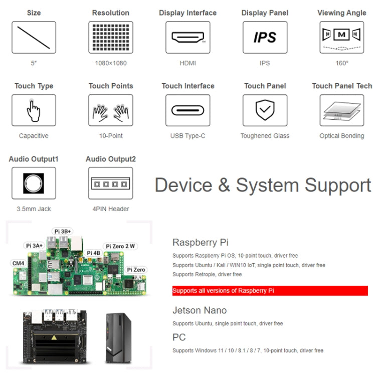 Waveshare 1080x1080 IPS Optically Bonded 5-Inch HDMI Circular 10-Point Touch Screen(24369) - free shipping - PMC Jewellery - Order now!