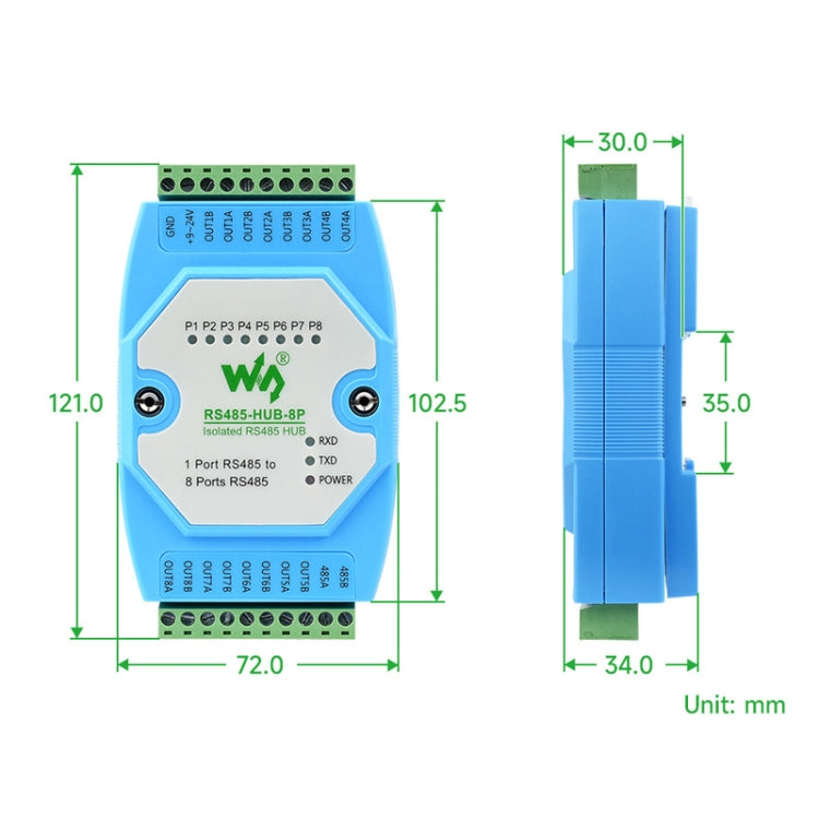 Waveshare RS485-HUB-8P Industrial-grade Isolated 8-ch RS485 Hub, Rail-mount Support, Wide Baud Rate Range - Transmitters & Receivers Module by Waveshare | Online Shopping South Africa | PMC Jewellery | Buy Now Pay Later Mobicred