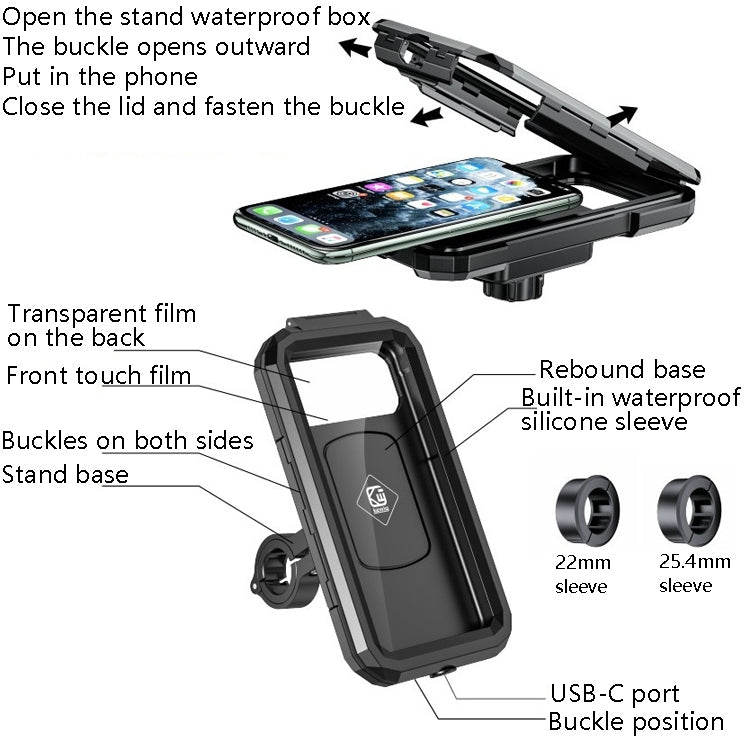 Kewig Bicycle Motorcycle Waterproof Box Mobile Phone Bracket Riding Touch Mobile Phone Fixed Seat(M18S-B1 Small Handlebar Installation) - Holder by Kewig | Online Shopping South Africa | PMC Jewellery | Buy Now Pay Later Mobicred