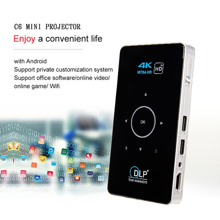 C6 1G+8G Android System Intelligent DLP HD Mini Projector Portable Home Mobile Phone Projector， US Plug (White) - Mini Projector by PMC Jewellery | Online Shopping South Africa | PMC Jewellery | Buy Now Pay Later Mobicred