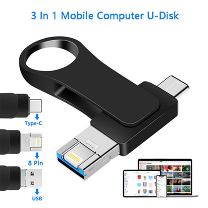 64GB USB 3.0 + 8 Pin + USB-C / Type-C 3 in 1 Mobile Computer Metal U-Disk(Silver) - U Disk & Card Reader by PMC Jewellery | Online Shopping South Africa | PMC Jewellery | Buy Now Pay Later Mobicred