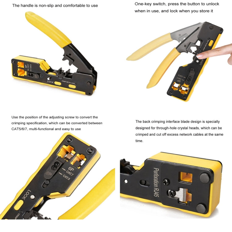 6P8P Seven-type Through-hole Crystal Head  Wire Stripping Tool Network Cable Pliers(Yellow) - Lan Cable and Tools by PMC TechLife | Online Shopping South Africa | PMC TechLife