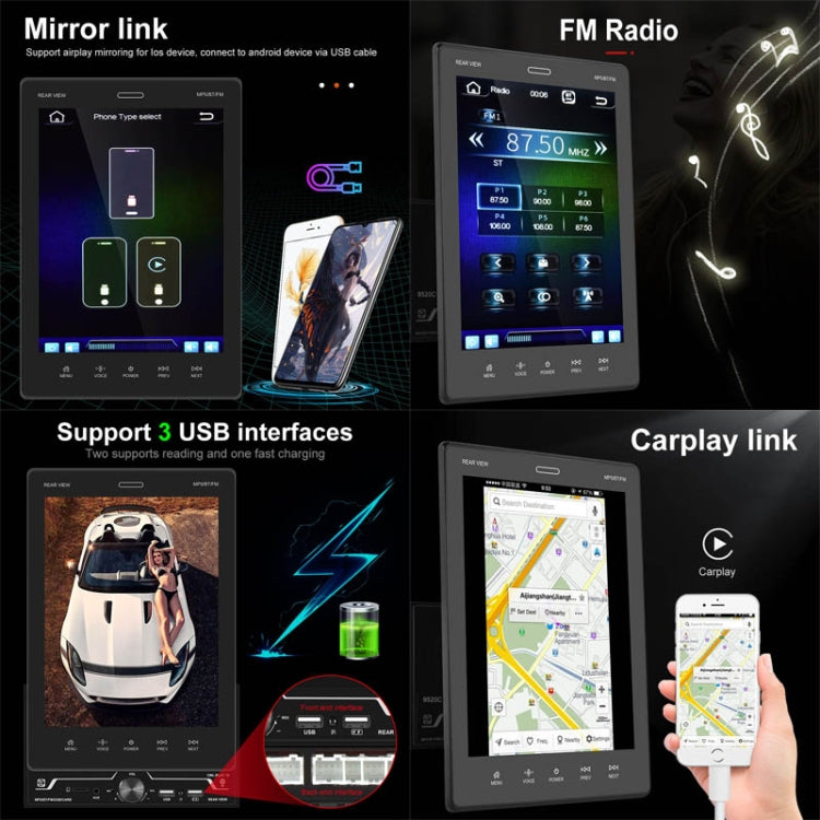 9520C Double Spindle 9.5 inch Vertical Screen Car MP5 Player, Style: Standard+8 Light Camera - Car MP3 & MP4 & MP5 by PMC TechLife | Online Shopping South Africa | PMC TechLife | Buy Now Pay Later Mobicred