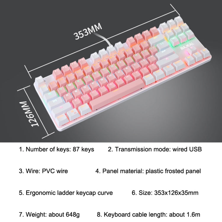 BAJEAL K100 87 Keys Green Shaft Wired Mechanical Keyboard, Cable Length: 1.6m(White Pink) - Wired Keyboard by BAJEAL | Online Shopping South Africa | PMC Jewellery | Buy Now Pay Later Mobicred