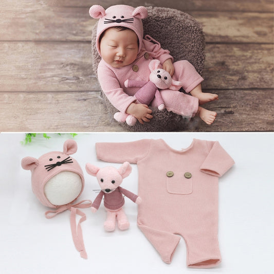 Newborn Photography Clothing Baby Knitted Jumpsuit + Hat + Mouse Doll Three-Piece Set(Pink) - Baby Photo Props by PMC Jewellery | Online Shopping South Africa | PMC Jewellery | Buy Now Pay Later Mobicred