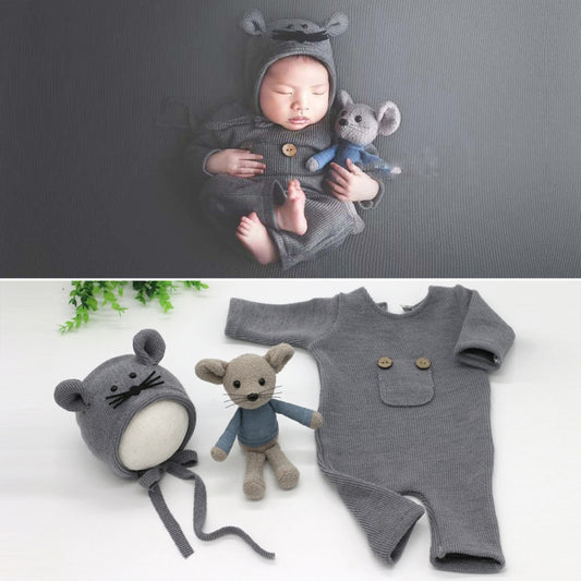 Newborn Photography Clothing Baby Knitted Jumpsuit + Hat + Mouse Doll Three-Piece Set(Grey) - Baby Photo Props by PMC Jewellery | Online Shopping South Africa | PMC Jewellery | Buy Now Pay Later Mobicred