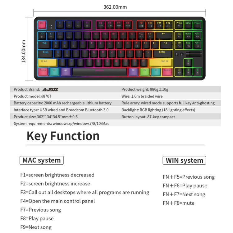 Ajazz K870T 87-Key Hot Swap Bluetooth/Wired Dual Mode RGB Backlight Office Game Mechanical Keyboard Tea Shaft (Black) - Wireless Keyboard by Ajazz | Online Shopping South Africa | PMC Jewellery | Buy Now Pay Later Mobicred