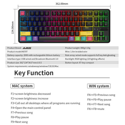 Ajazz K870T 87-Key Hot Swap Bluetooth/Wired Dual Mode RGB Backlight Office Game Mechanical Keyboard Tea Shaft (Black) - Wireless Keyboard by Ajazz | Online Shopping South Africa | PMC Jewellery | Buy Now Pay Later Mobicred