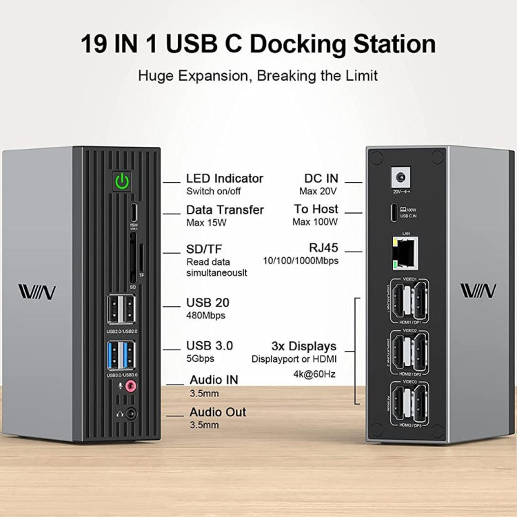 IVIIN D6919 Type-C/USB-C Multifunctional 4K Displaylink Four-Screen Different Display Docking Station, US Plug(19-in-1) - USB HUB by IVIIN | Online Shopping South Africa | PMC Jewellery | Buy Now Pay Later Mobicred