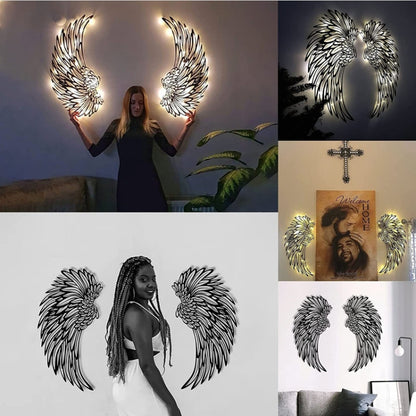 1pair 35cm Double Sided Black Engraved Metal LED Angel Wings Wall Hanging Decoration With Lights - Ornaments by PMC Jewellery | Online Shopping South Africa | PMC Jewellery