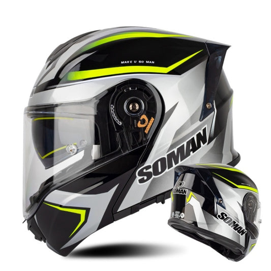 SOMAN Racing Motorcycle Double Lens Riding Safety Helmet, Size: XXL(Silver Gray Yellow Vision) - Helmets by SOMAN | Online Shopping South Africa | PMC Jewellery | Buy Now Pay Later Mobicred