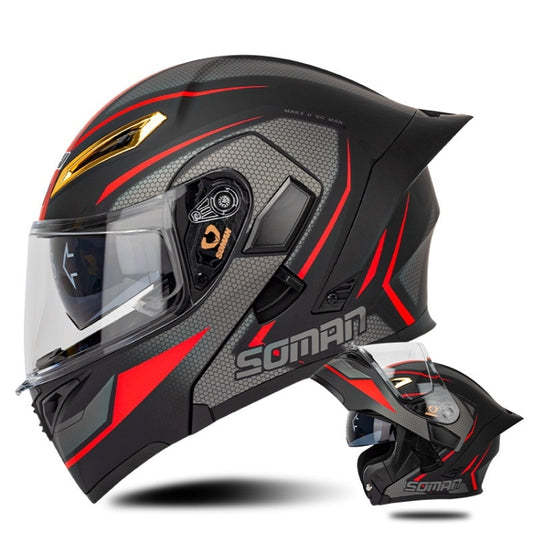 SOMAN Motorcycle Dual Lens Riding Peel-Off Full Coverage Helmet, Size: M(Black Red Track) - Helmets by SOMAN | Online Shopping South Africa | PMC Jewellery | Buy Now Pay Later Mobicred