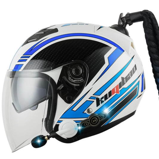 KUQIBAO Motorcycle Bluetooth Headset Double Lens Helmet With Braid, Size: M(White Phantom Fiber) - Helmets by KUQIBAO | Online Shopping South Africa | PMC Jewellery | Buy Now Pay Later Mobicred