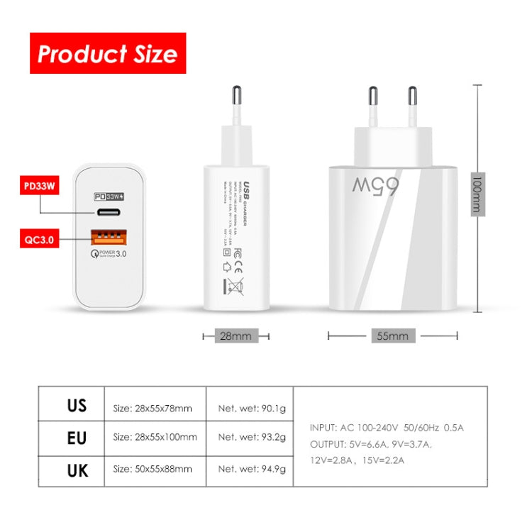 A502 65W USB-C/Type-C+USB Dual Port GaN Charger QC3.0 Laptop Universal Charger EU Plug Black - USB Charger by PMC Jewellery | Online Shopping South Africa | PMC Jewellery | Buy Now Pay Later Mobicred