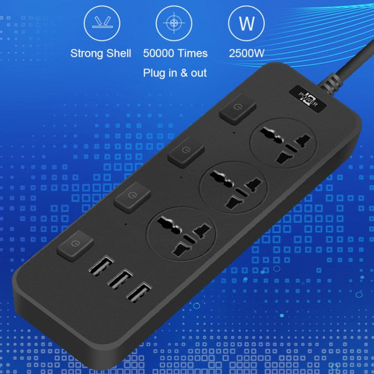 T14 2m 2500W 3 Plugs + 3-USB Ports Multifunctional Socket With Switch, Specification: US Plug (Black) - Extension Socket by PMC TechLife | Online Shopping South Africa | PMC TechLife | Buy Now Pay Later Mobicred