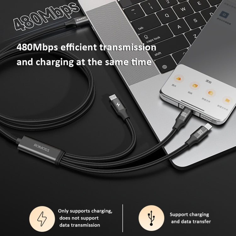 ROMOSS PD100W 3-In-1 Data Cable Type-C/USB-C To 8 Pin & Type-C & Micro Fast Charging Line 1.5m(Gray) - Multifunction Cable by ROMOSS | Online Shopping South Africa | PMC Jewellery | Buy Now Pay Later Mobicred