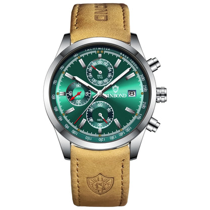 BINBOND B6022 30m Waterproof Luminous Multifunctional Quartz Watch, Color: Leather-White Steel-Green - Leather Strap Watches by BINBOND | Online Shopping South Africa | PMC Jewellery