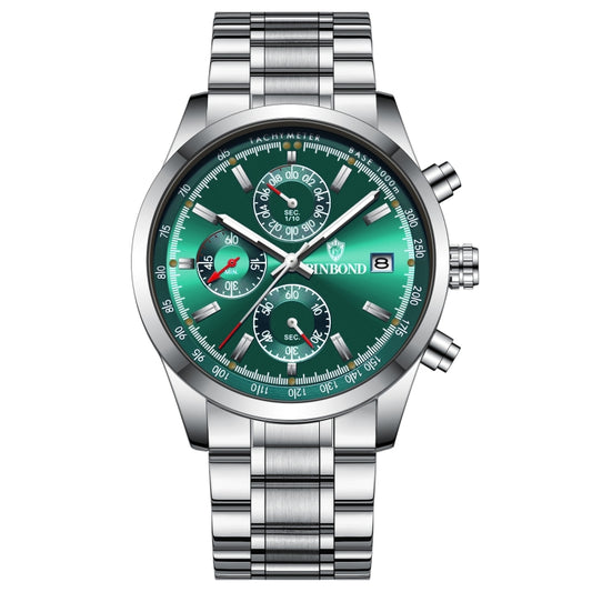 BINBOND B6022 30m Waterproof Luminous Multifunctional Quartz Watch, Color: White Steel-Green - Metal Strap Watches by BINBOND | Online Shopping South Africa | PMC Jewellery