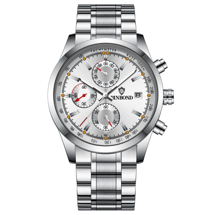 BINBOND B6022 30m Waterproof Luminous Multifunctional Quartz Watch, Color: White Steel-White - free shipping - PMC TechLife - Order now!
