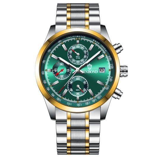 BINBOND B6022 30m Waterproof Luminous Multifunctional Quartz Watch, Color: Inter-Gold-Green - Metal Strap Watches by BINBOND | Online Shopping South Africa | PMC Jewellery