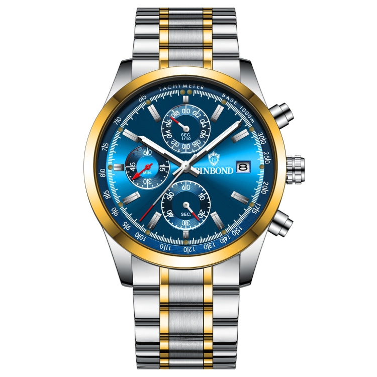 BINBOND B6022 30m Waterproof Luminous Multifunctional Quartz Watch, Color: Inter-Gold-Blue - Metal Strap Watches by BINBOND | Online Shopping South Africa | PMC Jewellery | Buy Now Pay Later Mobicred