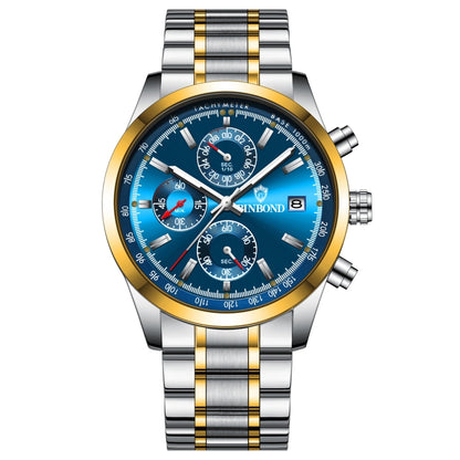 BINBOND B6022 30m Waterproof Luminous Multifunctional Quartz Watch, Color: Inter-Gold-Blue - Metal Strap Watches by BINBOND | Online Shopping South Africa | PMC Jewellery