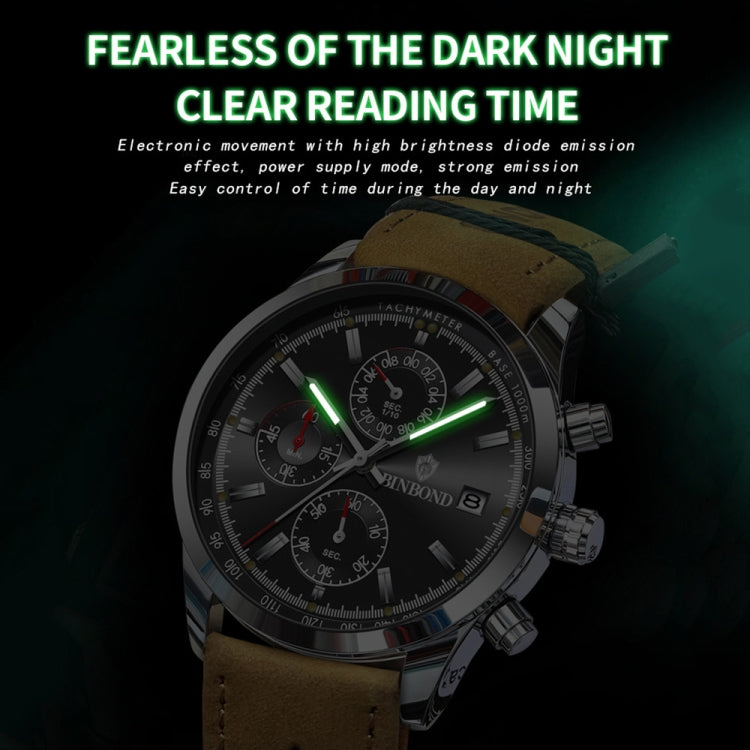 BINBOND B6022 30m Waterproof Luminous Multifunctional Quartz Watch, Color: Leather-White Steel-Green - Leather Strap Watches by BINBOND | Online Shopping South Africa | PMC Jewellery