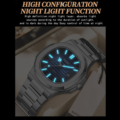 BINBOND B1885 30m Waterproof Retro Luminous Square Men Quartz Watch, Color: White Steel-Green - Metal Strap Watches by BINBOND | Online Shopping South Africa | PMC Jewellery