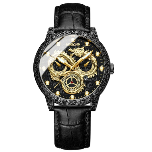 BINBOND B3030 Embossed Dragon Luminous Waterproof Quartz Watch, Color: Black Leather-Black Steel-Black - Leather Strap Watches by BINBOND | Online Shopping South Africa | PMC Jewellery