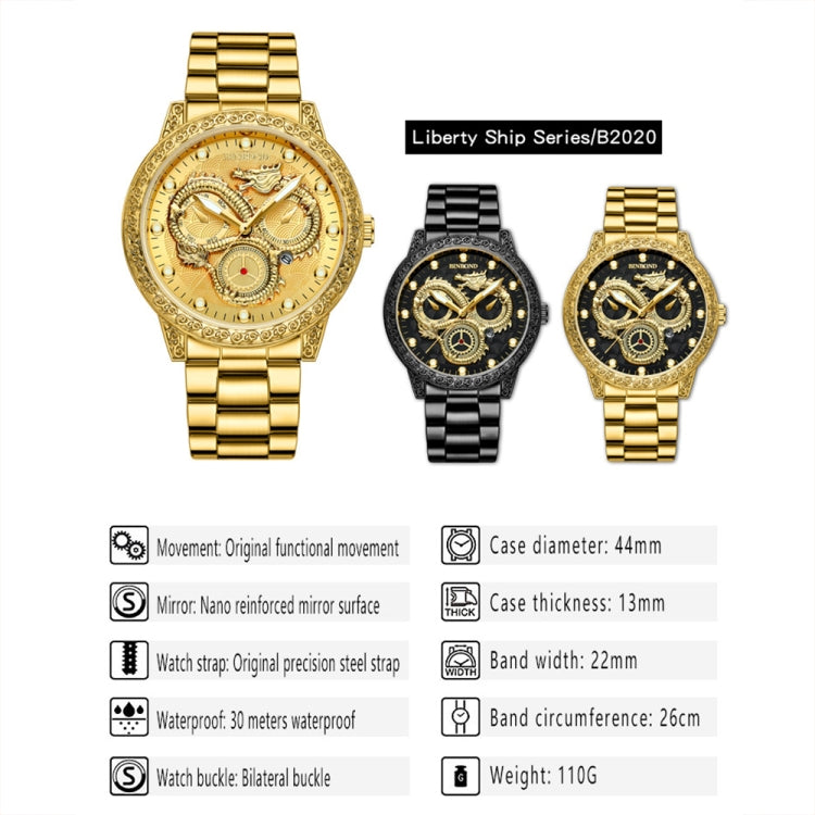 BINBOND B3030 Embossed Dragon Luminous Waterproof Quartz Watch, Color: Full-gold White - Metal Strap Watches by BINBOND | Online Shopping South Africa | PMC Jewellery