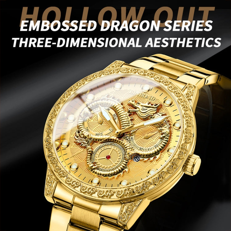 BINBOND B3030 Embossed Dragon Luminous Waterproof Quartz Watch, Color: Black Steel-Black - Metal Strap Watches by BINBOND | Online Shopping South Africa | PMC Jewellery | Buy Now Pay Later Mobicred