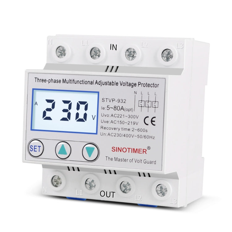 SINOTIMER STVP-932 40A 3-phase 380V LCD Self-resetting Adjustable Surge Voltage Protector - Other Tester Tool by SINOTIMER | Online Shopping South Africa | PMC Jewellery | Buy Now Pay Later Mobicred