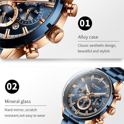 Curren M8355 Men Watch Waterproof Quartz Six Stitches Calendar Steel Belt Business Watch(Rose Shell Blue) - Metal Strap Watches by Curren | Online Shopping South Africa | PMC Jewellery | Buy Now Pay Later Mobicred