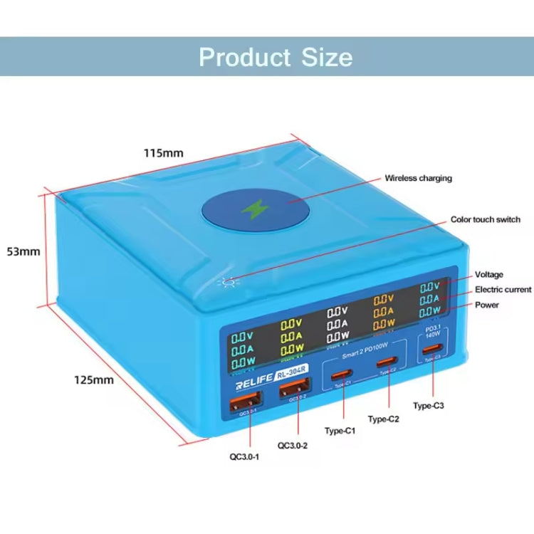 RELIFE RL-304R 5-Port 260W GaN Smart USB Fast Charger With 15W Wireless Chargind LCD Display(US Plug) - Multifunction Charger by RELIFE | Online Shopping South Africa | PMC Jewellery | Buy Now Pay Later Mobicred