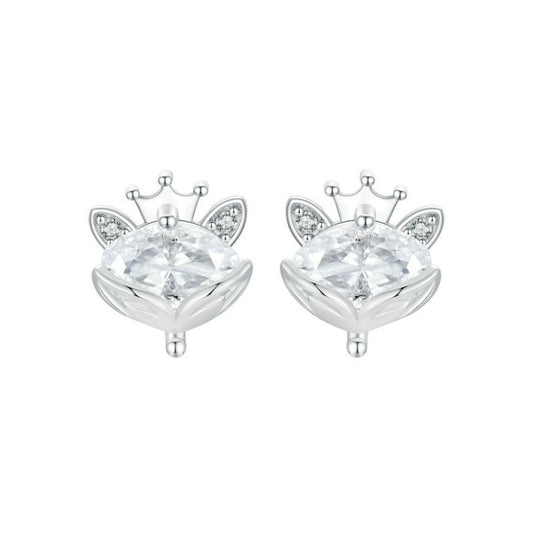 S925 Sterling Silver Platinum Plated Crown Fox Princess Earrings(SCE1708) - Stud Earrings & Earrings by PMC Jewellery | Online Shopping South Africa | PMC Jewellery | Buy Now Pay Later Mobicred