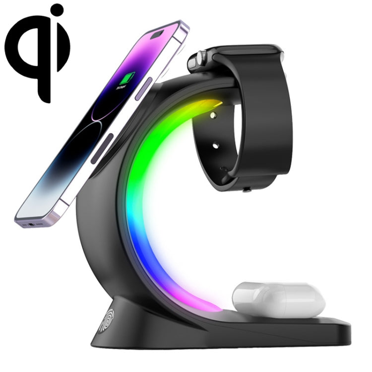 T17 3-in-1 RGB Atmosphere Light MagSafe Phone Watch Earphone Wireless Charger, Color: Black with  UK Plug - Wireless Charger by PMC Jewellery | Online Shopping South Africa | PMC Jewellery | Buy Now Pay Later Mobicred