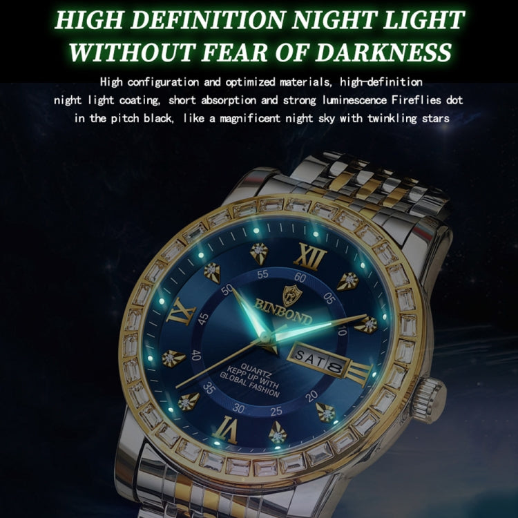 BINBOND B2202 Diamond Dual-calendar Luminous Quartz Watch, Color: Inter-gold-Blue - free shipping - PMC TechLife - Order now!