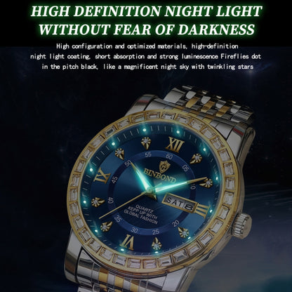 BINBOND B2202 Diamond Dual-calendar Luminous Quartz Watch, Color: Full-gold-Black - Metal Strap Watches by BINBOND | Online Shopping South Africa | PMC Jewellery | Buy Now Pay Later Mobicred