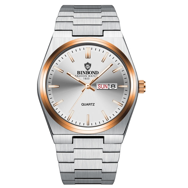 BINBOND B102 Dual-calendar Leisure Waterproof Luminous Quartz Watch, Color: Inter-Rose-Gold-White - Metal Strap Watches by BINBOND | Online Shopping South Africa | PMC Jewellery | Buy Now Pay Later Mobicred