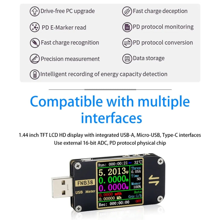 FNIRSI FNB38 USB Voltage And Current Meter Capacity Fast Charging Protocol Tester(Black) - Current & Voltage Tester by FNIRSI | Online Shopping South Africa | PMC TechLife | Buy Now Pay Later Mobicred