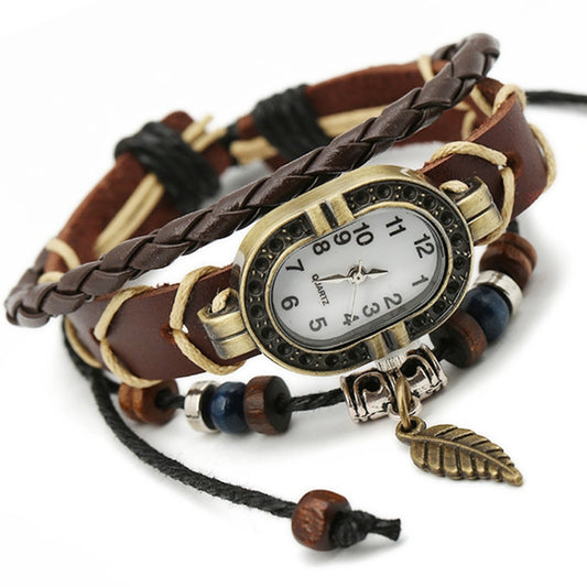 W01350 Vintage Braided Leather Leaf Bracelet Watch(Brown) - Bracelet Watches by PMC Jewellery | Online Shopping South Africa | PMC Jewellery | Buy Now Pay Later Mobicred