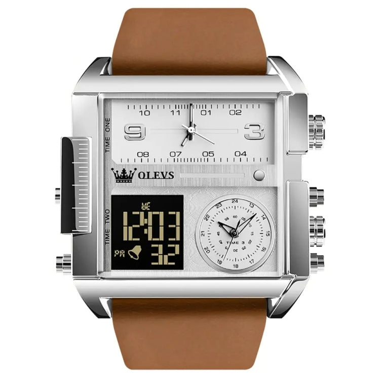 OLEVS 1101 Sports Multi-Function Square Men Quartz Electronic Watch(Brown White) - Leather Strap Watches by OLEVS | Online Shopping South Africa | PMC Jewellery | Buy Now Pay Later Mobicred