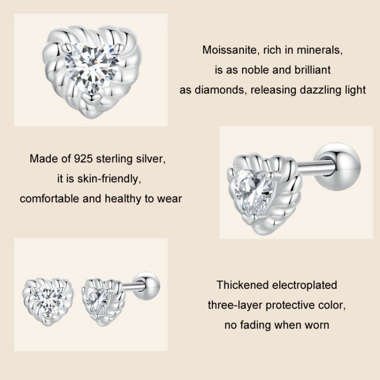 S925 Sterling Silver Threaded Shining Moissanite Heart Earrings(MSE052) - Stud Earrings & Earrings by PMC Jewellery | Online Shopping South Africa | PMC Jewellery | Buy Now Pay Later Mobicred