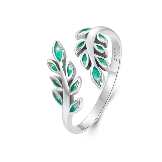 S925 Sterling Silver Green Leaf Open Adjustable Ring(BSR542-E) - Rings by PMC Jewellery | Online Shopping South Africa | PMC Jewellery | Buy Now Pay Later Mobicred