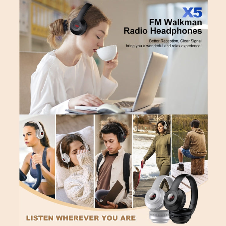 X5 Portable Digital Display Folding Headset FM Radio Headphones, Color: Charging Black - Radio Player by PMC Jewellery | Online Shopping South Africa | PMC Jewellery | Buy Now Pay Later Mobicred