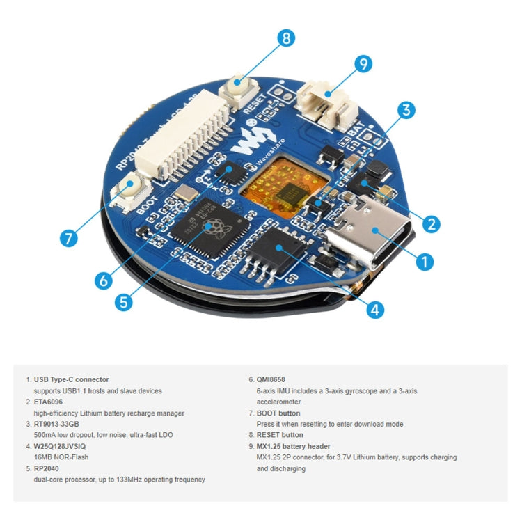 Waveshare 26369 1.28-Inch Round LCD Screen RP2040 MCU Board with Touch - LCD & LED Display Module by Waveshare | Online Shopping South Africa | PMC Jewellery | Buy Now Pay Later Mobicred